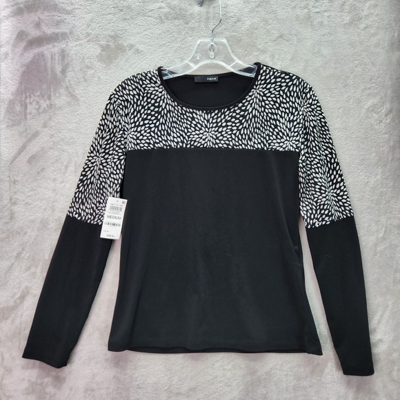 Jaipur Shirt Womens Medium Black Stretch Poly Top White Print Yoke Sequin Dots - Picture 1 of 5